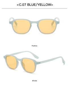 Detail view of light blue translucent frames with yellow lenses and C.07 model marking