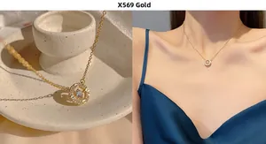 Detail view of gold titanium necklace with zircon ring pendant and screw textured design