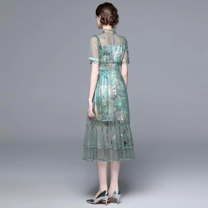 Teal embroidered mesh maxi dress with ginkgo leaf patterns and short sheer sleeves