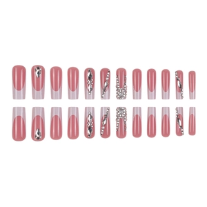 Long square pink French press on nails with sparkling white rhinestones and glitter