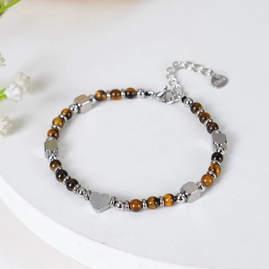 Tiger eye beaded bracelet with heart pendant and adjustable stainless steel chain