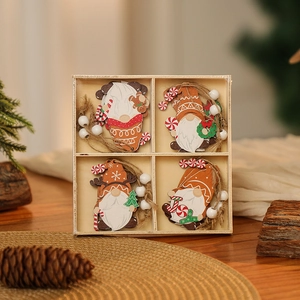 Set of 4 Christmas wooden gnome ornaments with strings in a matching wooden storage box
