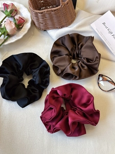 Three-piece large satin scrunchie set in black, coffee, and burgundy with a glossy finish