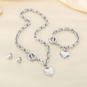 Polished stainless steel heart pendant jewelry set with thick chains and OT toggle clasps