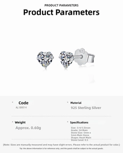 Detailed specs of S925 sterling silver heart studs with 0.5ct 5A cubic zirconia stones