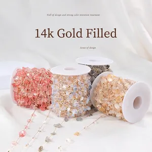 14K gold filled natural strawberry quartz and stone bead chains on white spools