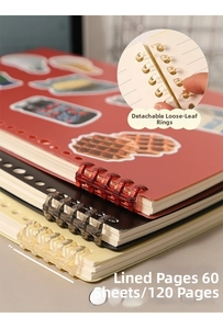 Detail of detachable binders and lined paper on PP notebook covers in red, black, and beige