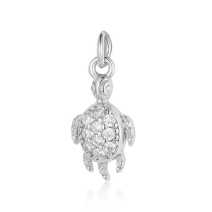 Silver sea turtle pendant with micro-pave clear cubic zirconia stones and top loop