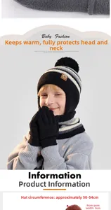 Detail of kids striped knit hat with large pom-poms and matching gloves for winter