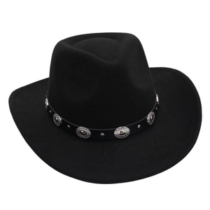 Close-up of black wool felt fedora featuring a wide brim and silver metal studded band