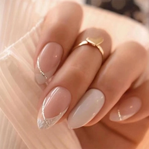 French Tip Almond Press On Nails Pink With Silver Glitter And White Art Design Elegant False Nails For Women DIY