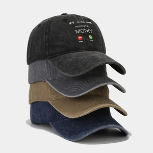 Washed cotton baseball caps in four colors featuring creative incoming call money print