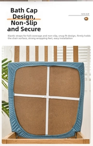 Detail of blue PU leather chair cover showing non-slip elastic straps for secure fit