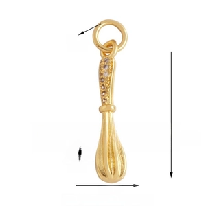 Detail view of 22mm golden whisk pendant with sparkling stones and exact size dimensions
