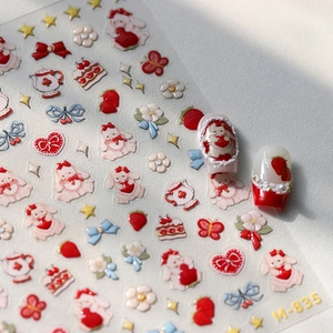 Stickers ongles 3D en relief M835 avec motifs lapins mignons et fraises sur fond blanc