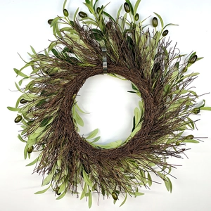 Artificial olive leaf wreath with green foliage and dark fruits for wall and door decor