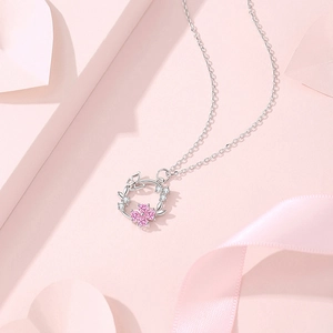 Elegant S925 silver necklace with pink floral butterfly pendant and sparkling crystals