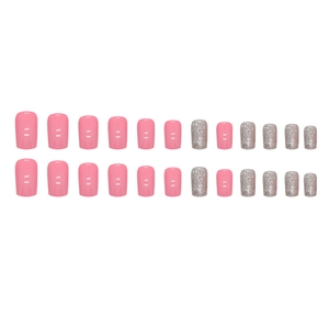 Faux ongles rose et argent pailleté de forme carrée ovale, lot de vingt-quatre pièces