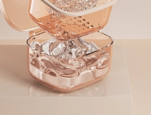 Detailansicht der roségoldenen Gebissdose mit zweischichtigem Drainage-Filterkorb