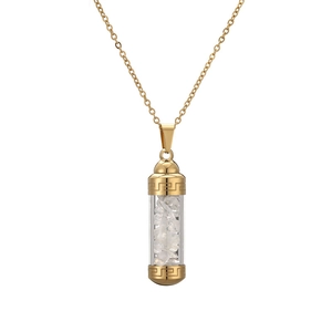 Golden perfume bottle pendant necklace with white crystals and Greek key pattern