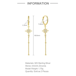 Detail view of 925 sterling silver star fringe earrings with dimensions and weight