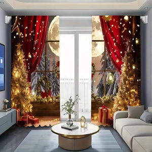 Detailed Christmas curtain showing festive tree, snow window, and gift print on polyester fabric