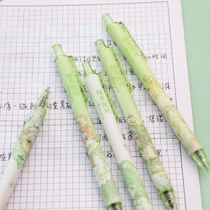 Set of 5 green and white matcha theme retractable gel pens on notebook paper