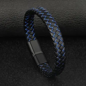 Braided leather multi-layer bracelet with matte black magnetic clasp for men