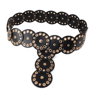 Retro punk style black leather disc belt with gold eyelets and round rivets for women