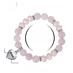 Bracelet en perles de cristal rose avec pendentif coeur ajustable en acier inoxydable