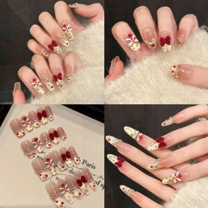Handmade Press On Nails Chinese New Year Style Lion Dance Design With Red Velvet Bow Artificial Pearl And Gold Glitter Cat Eye Finish