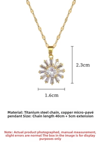 Detailed view of sunflower zirconia pendant with size dimensions and titanium steel chain