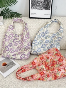 Floral Print Shoulder Bag Large Capacity Slouchy Tote Bag Polyester Fabric Pastoral Style For Women Daily Travel