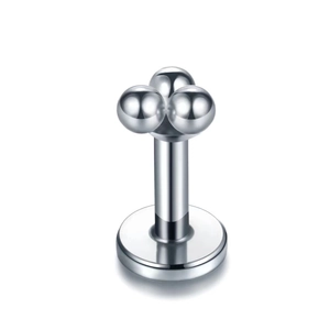 Piercing per labbra in acciaio argento con design a tre sfere e base piatta tonda