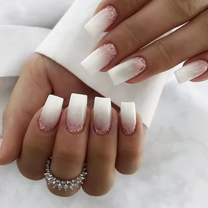 White Pink Gradient Glitter Press On Nails Long Ballerina Coffin Shape Fake Nails For Women Manicure Art Decoration W740