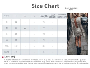 Detailed size chart for the sequin long sleeve mini dress in S to 3XL measurements