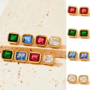 Boucles D Oreilles Geometriques Elegantes Vintage Pour Femmes Avec Zircon Taille Emeraude Et Acier Inoxydable