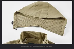 Detail der khakifarbenen Outdoor-Jacke mit abnehmbarer Kapuze und Netzfutter