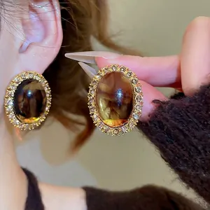 Vintage Oval Resin Stud Earrings With 925 Sterling Silver Earring Post Rhinestone Inlaid Palace Style For Women