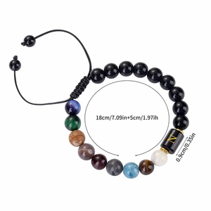 Solar system 10mm black agate bead bracelet with golden letter N, adjustable 18+5cm size