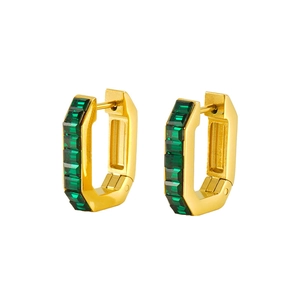 18K gold plated stainless steel rectangle hoop earrings with emerald green zircons