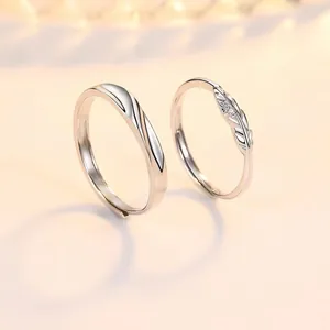 Cupid Feather Couple Rings For Women Men Silver Color Copper Rhinestone Adjustable Open Ring Valentine Day Jewelry Gift
