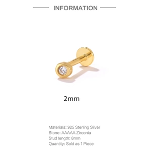Detail view of 2mm AAAAA Zirconia S925 sterling silver flat back stud earring with measurements