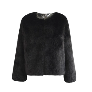 Chic black faux fur short jacket with round neck and long sleeves on white background