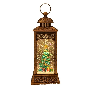 Vintage bronze Christmas lantern with miniature tree and snow globe sparkles decoration