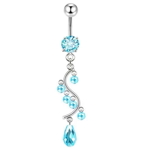 Detailed view of silver belly ring with multi-stone light blue zircon dangling crystals