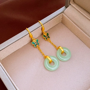Elegant Chinese butterfly earrings with green faux jade pendant and gold hooks
