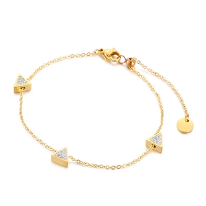 Minimalist gold triangle bracelet with sparkling rhinestones on a clean white background