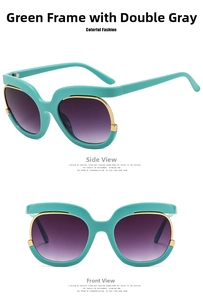 Detail of mint green oversized sunglasses with gold metal trim and purple gradient lenses
