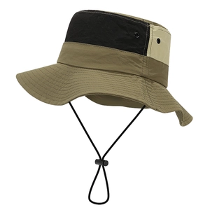 Three-color patchwork sun hat with adjustable chin strap for hiking and camping